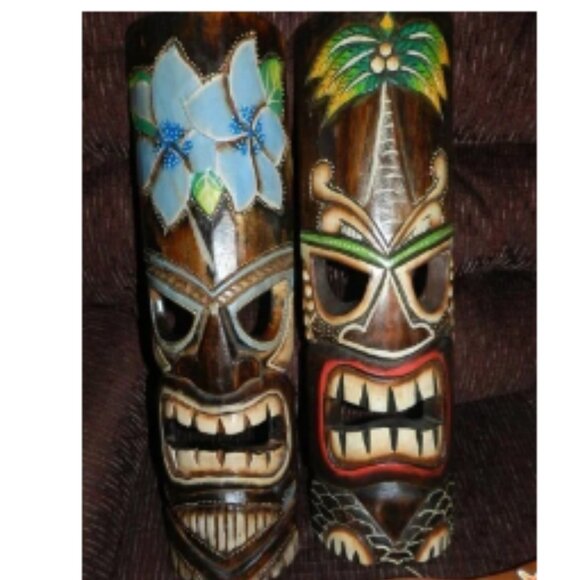 Hand Crafted Polynesian Hawaiian Style Painted 19.5 " Tiki Masks X2 🆕📦🏃🏻💨🚚 - Picture 4 of 16
